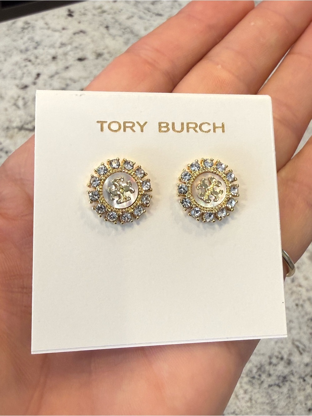 Tory Burch Gold and Diamond Crystal Round Logo Stud Studded Earrings